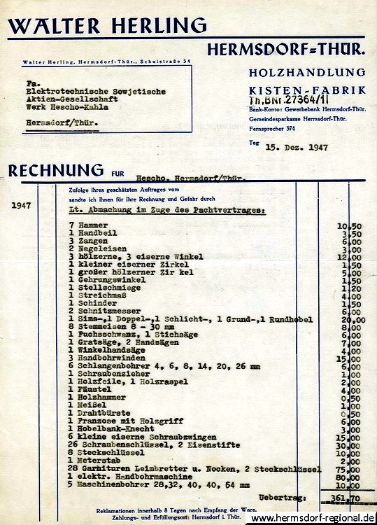 15.12.1947 Rechnung an die Elektrotechnische Sowjetische Aktien-Gesellschaft Werk Hescho-Kahla Hermsdorf.